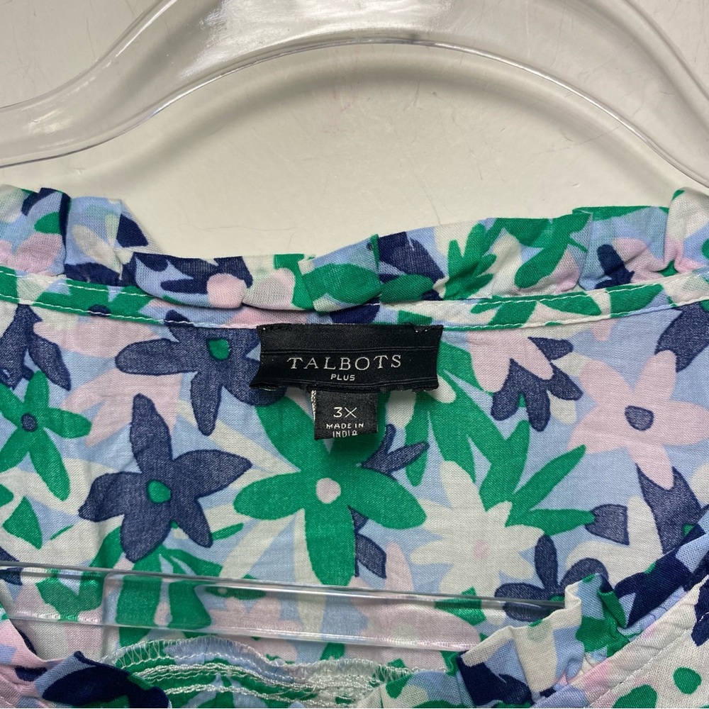 Talbots Women’s Blouse 3X Green Floral Ruffle Neck Cotton Long Sleeve Button - Picture 6 of 10